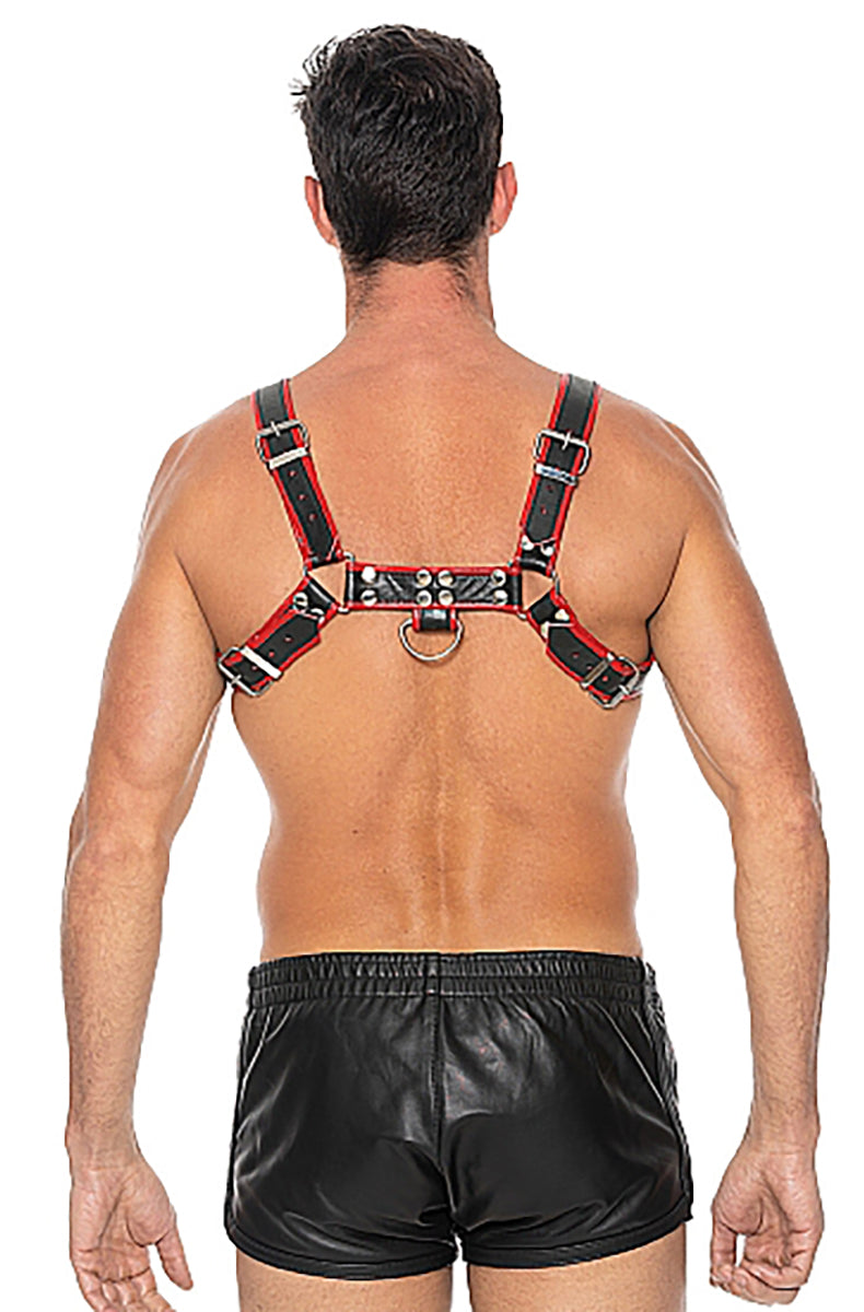 Second view of the Midnight black-and-red bonded leather bulldog chest harness.