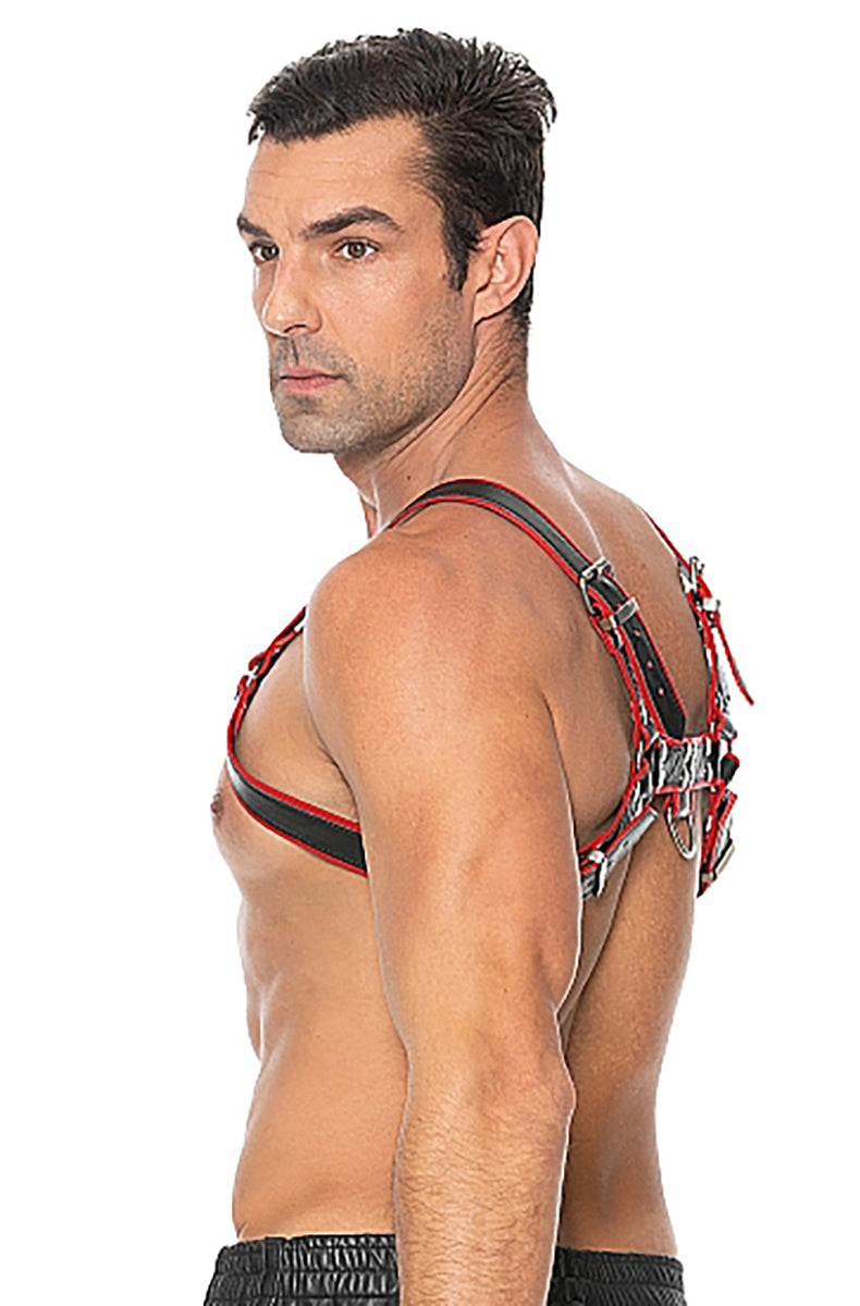 Second view of the Midnight black-and-red bonded leather bulldog chest harness.