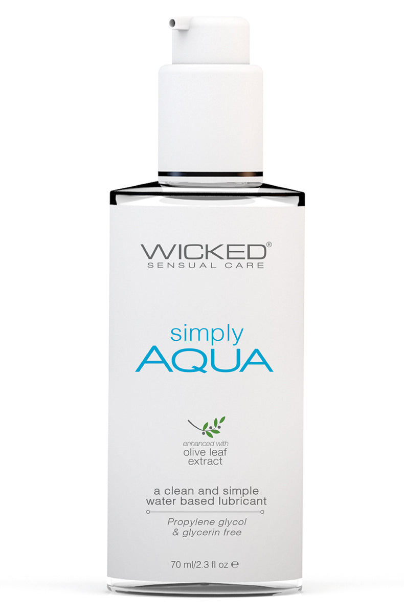 Wicked Simply Aqua water-based lubricant in a clear pump bottle with white label and olive leaf extract.