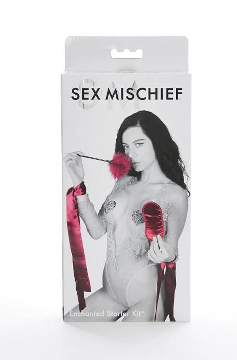 Sex and Mischief Enchanted Starter Kit retail box showing a model with the burgundy satin kit pieces.