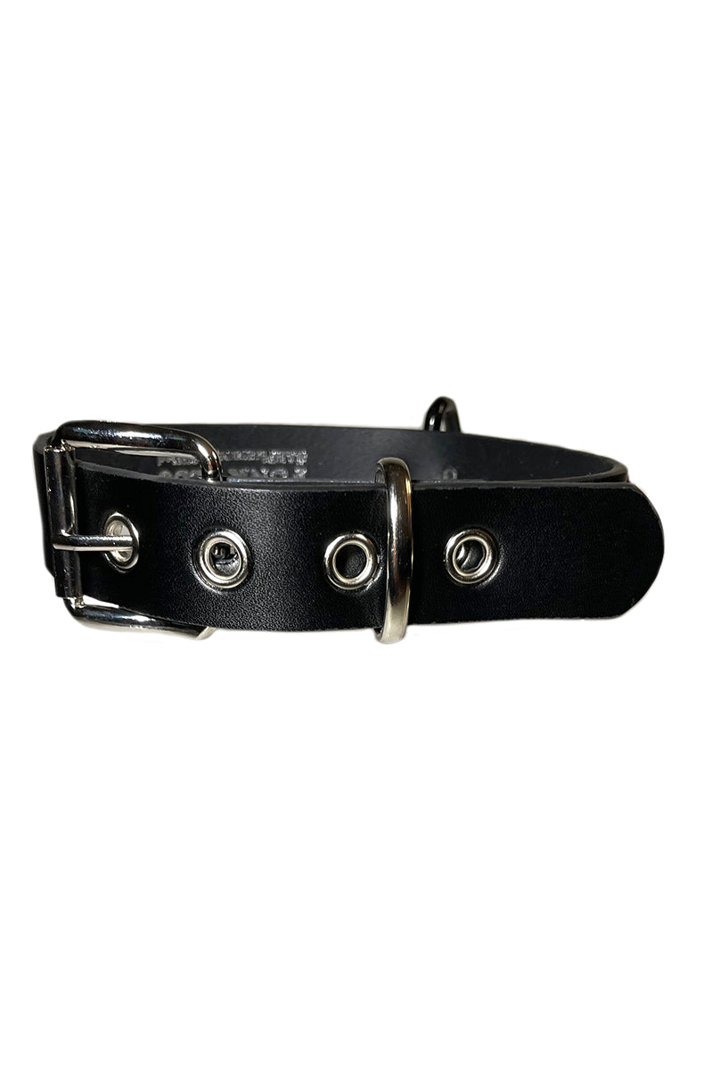 Black vegan leather collar with raised pink TEASE lettering and a large black O-ring suspended from a black D-ring at the front.