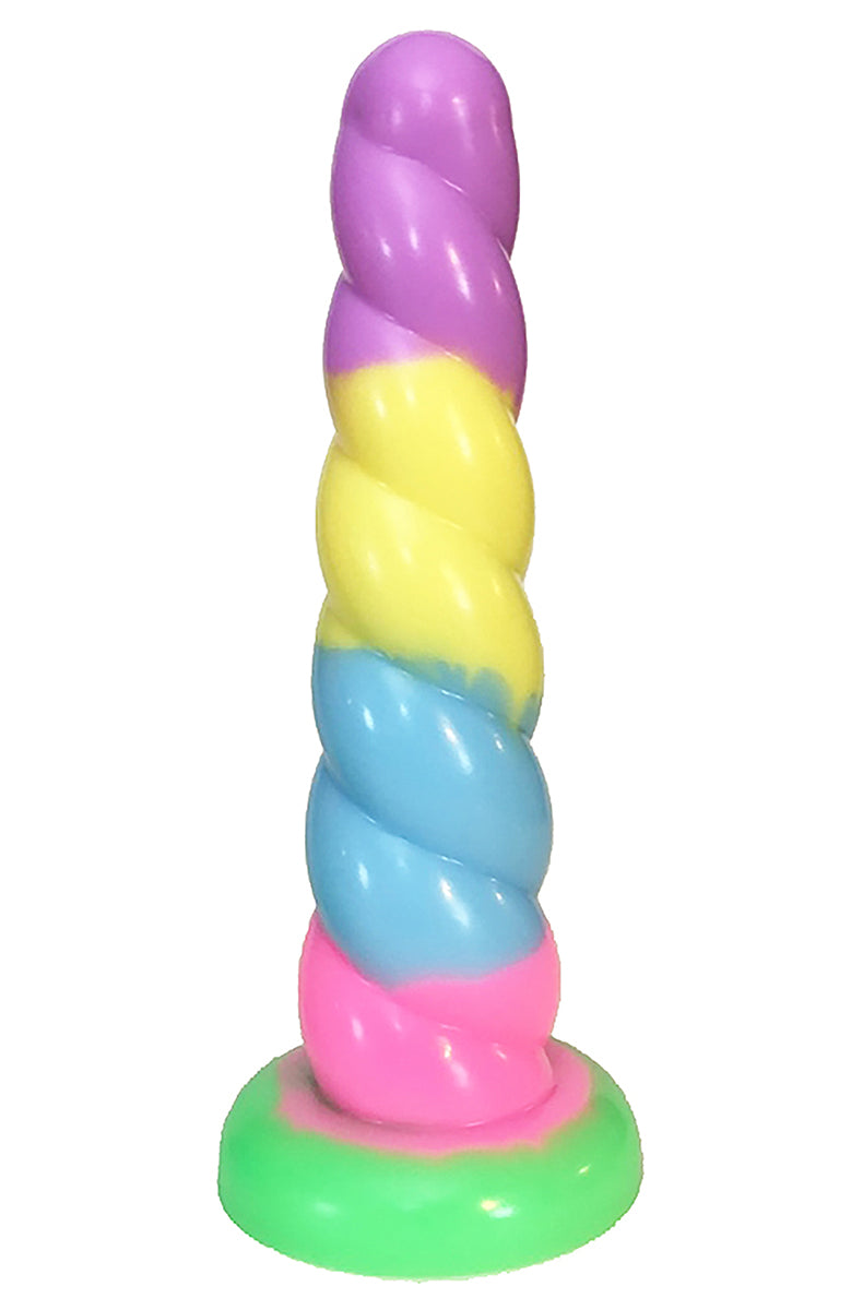 Silicone twisted unicorn-horn dildo in pastel rainbow (purple, yellow, blue, pink) with green flat suction-cup base.