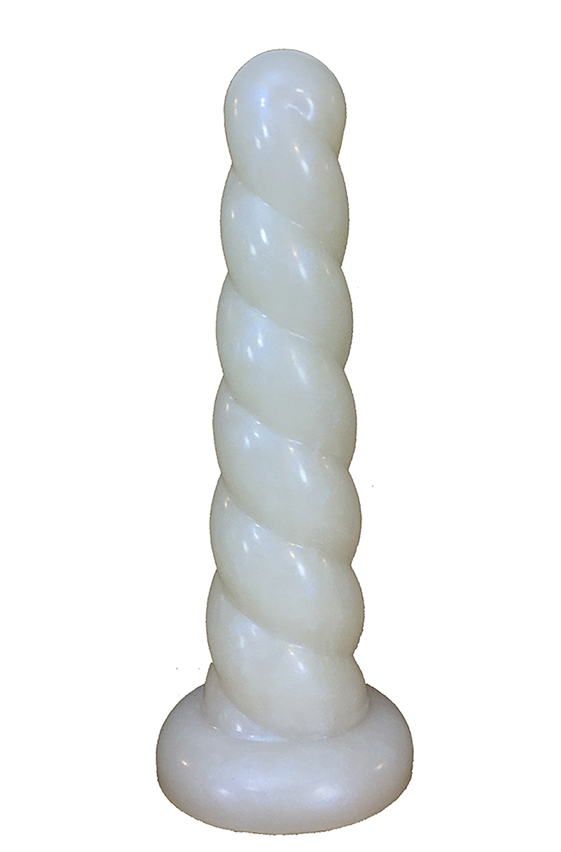 White twisted unicorn-horn silicone dildo with spiral twists up the shaft and a wide flat circular base.