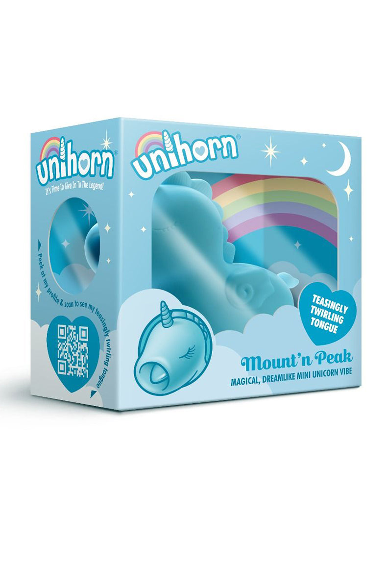 Back view of the Unihorn Mount n Peak retail box showing the unicorn graphic and rainbow design.
