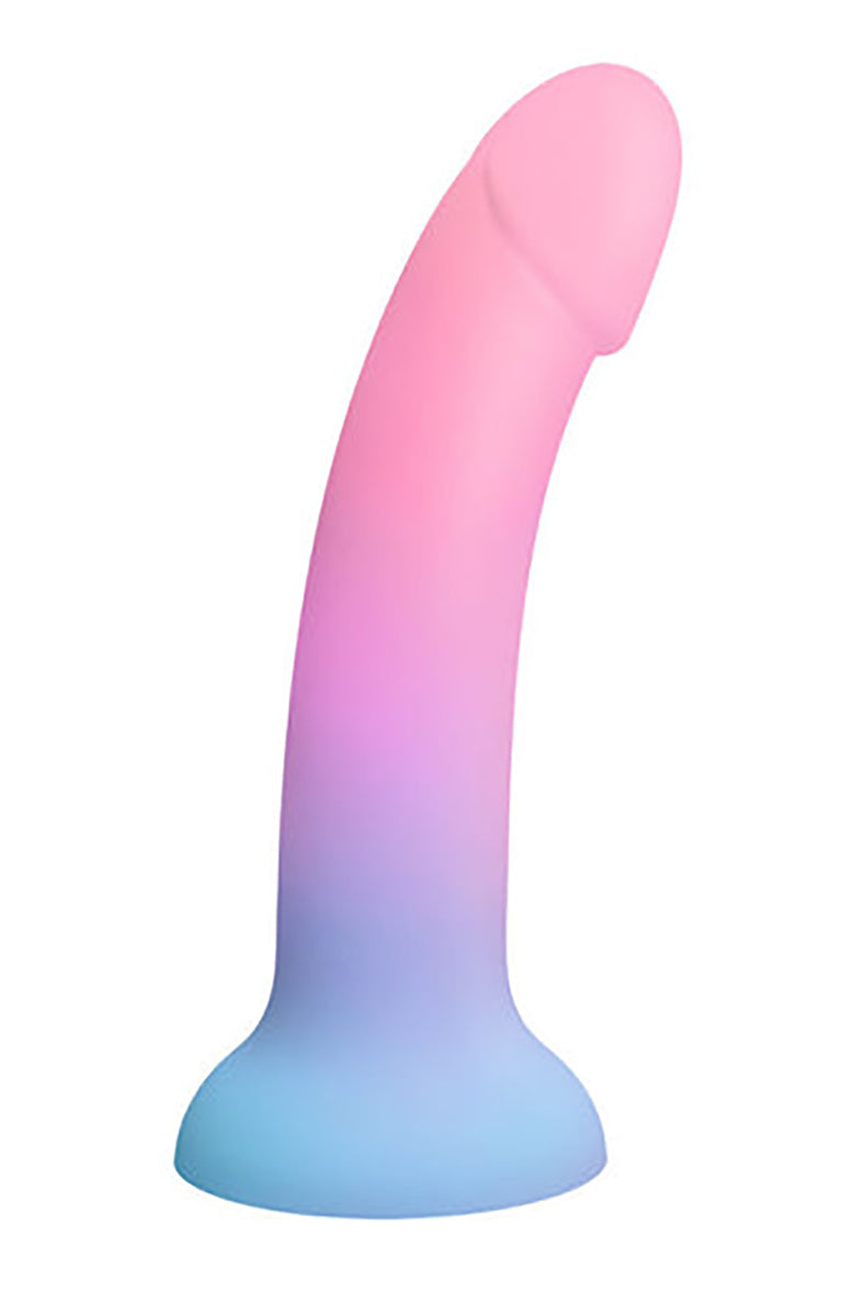 Front view of Dildoll Utopia silicone dildo with pink, purple, and blue ombre fade, curved phallic shaft, suction-cup base.