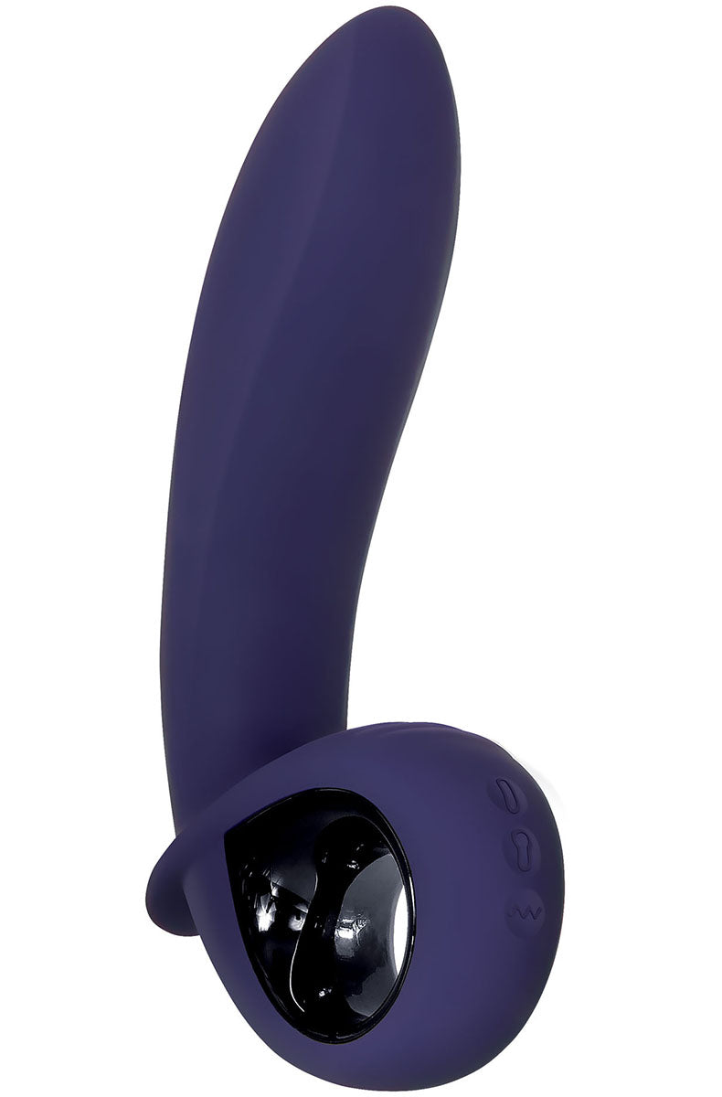 Deep navy Inflatable G-spot vibrator standing upright showing the full length of the curved silicone shaft.