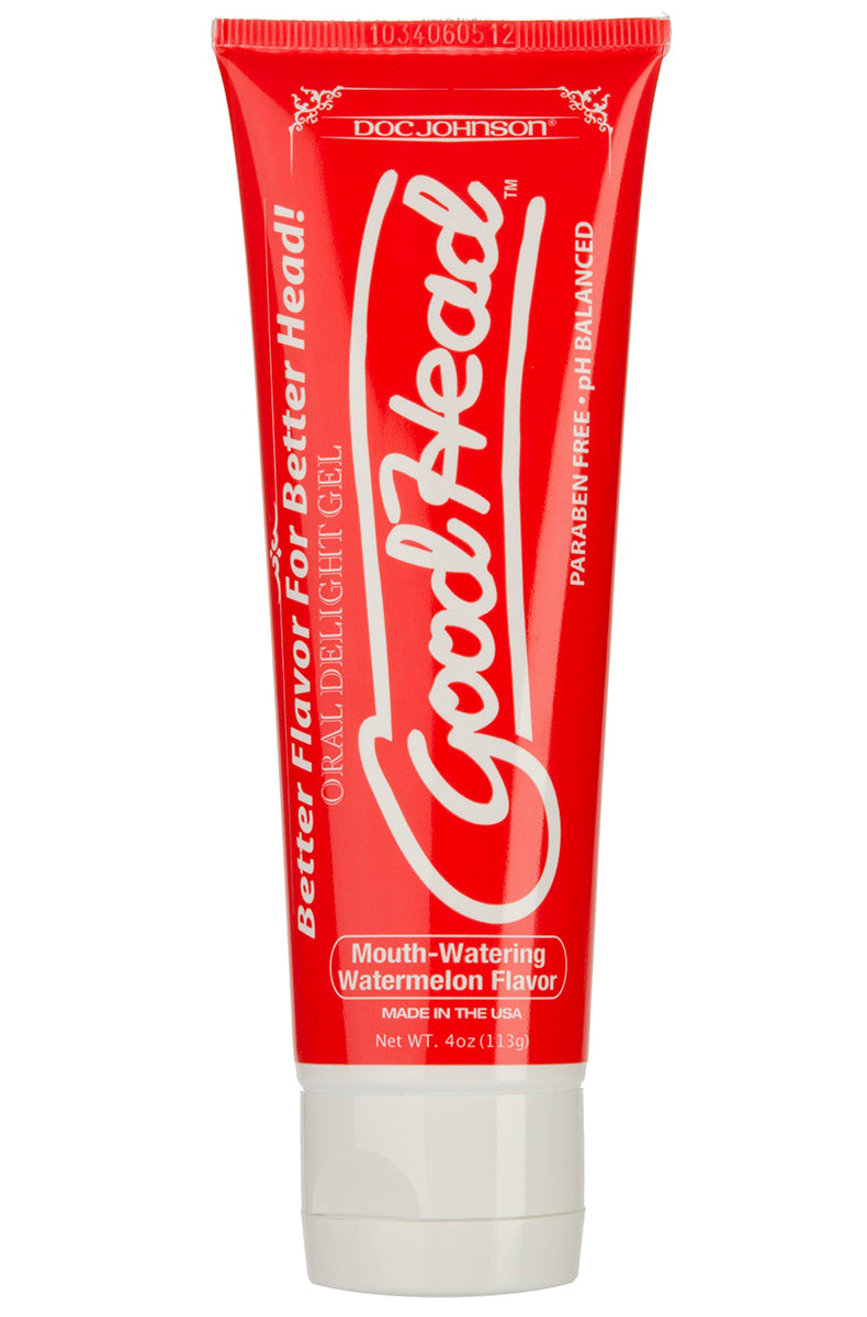 Red GoodHead oral delight gel tube in watermelon flavor, 4 oz, white twist cap