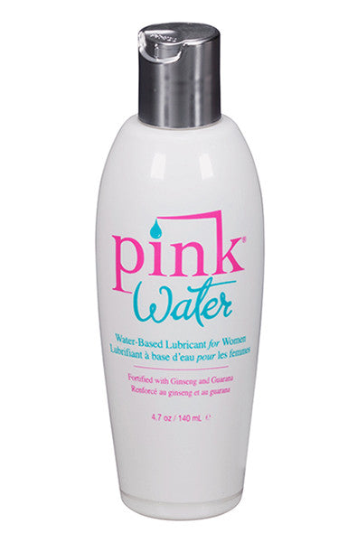 PINK Water water-based personal lubricant in a clear bottle, glycerin free and fortified with Aloe Vera.