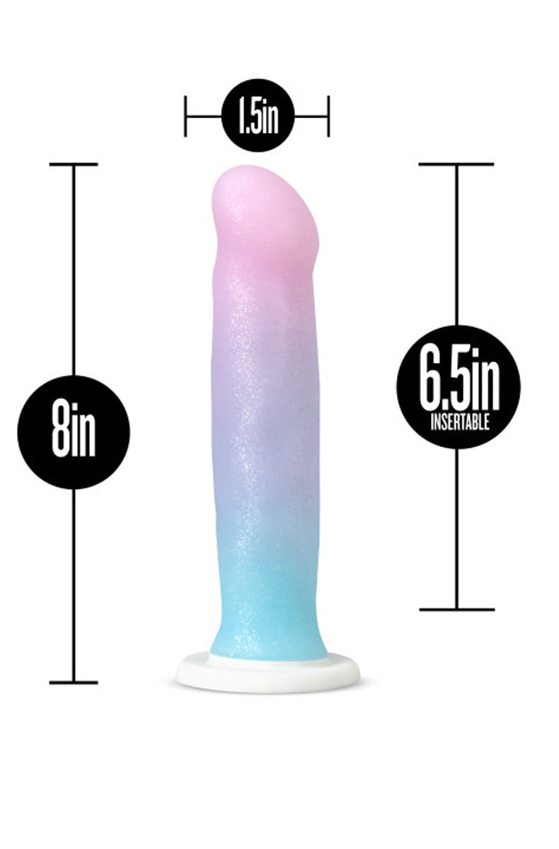 Second view of the Avant Unicorn iridescent silicone dildo with suction cup base.
