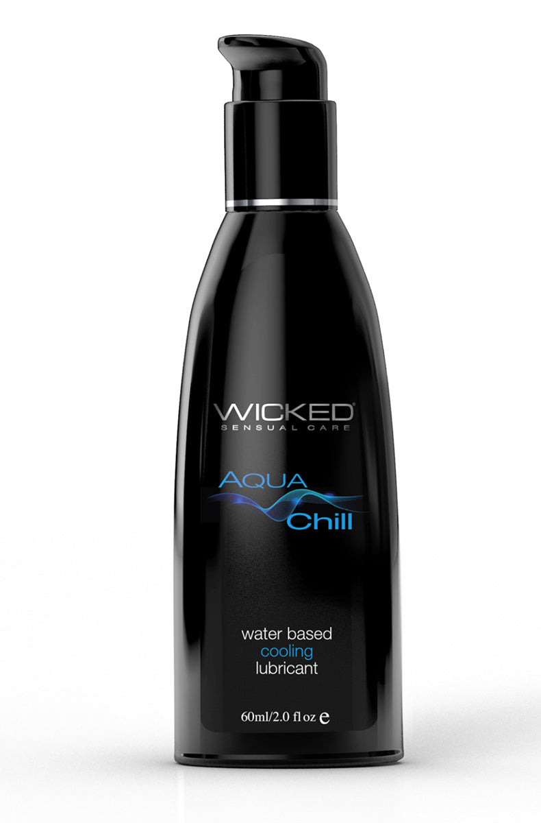 Front view of Wicked Aqua Chill Water Based Cooling Lubricant in a black 2 fl oz pump bottle with a blue Aqua Chill label.