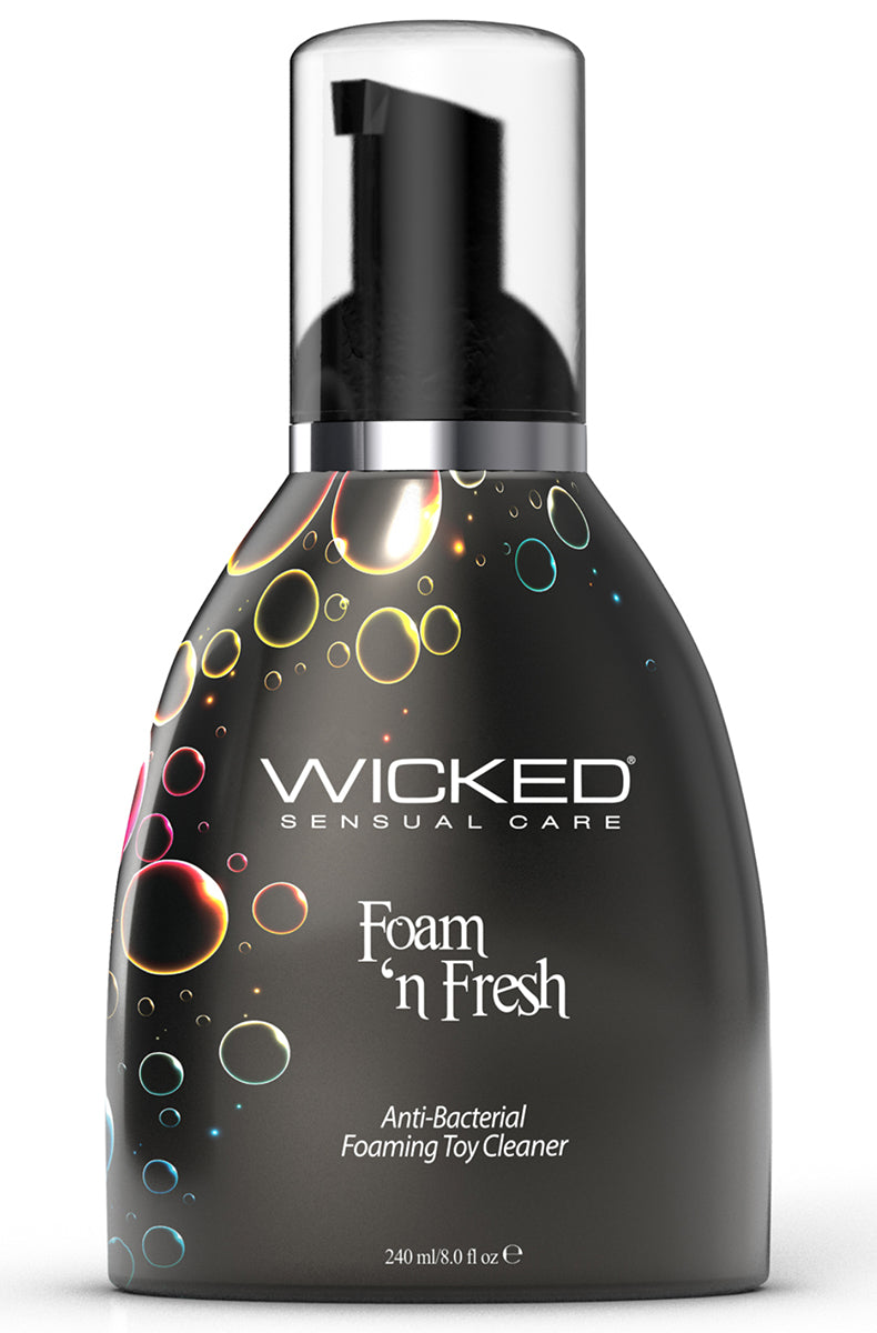 Black 240 ml 8 fl oz pump bottle of Wicked Foam n Fresh anti-bacterial foaming toy cleaner with bubble graphic.