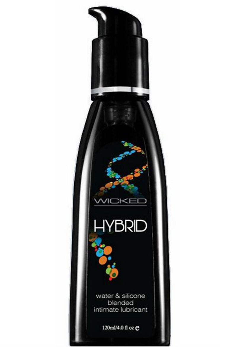 Front view of Wicked Hybrid Lubricant in a black 4 fl oz pump bottle with a multicolor bubble Hybrid label.