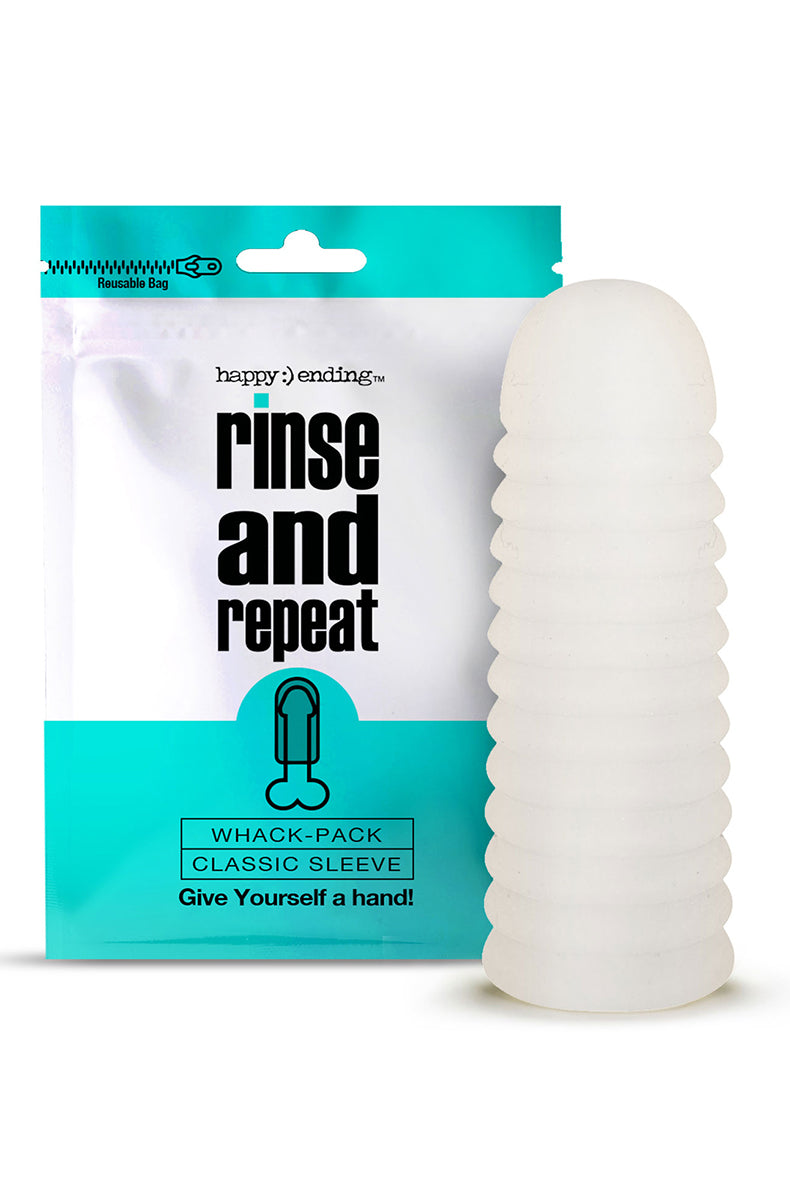 Front view of Happy Ending Whack Pack Sleeve, teal-and-white foil pouch beside a translucent ribbed TPE stroker sleeve.