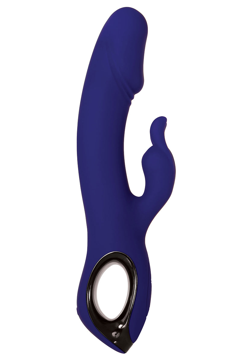Deep blue silicone rabbit vibrator with phallic head, curved shaft, bunny-ear clit arm, black chrome ring handle.