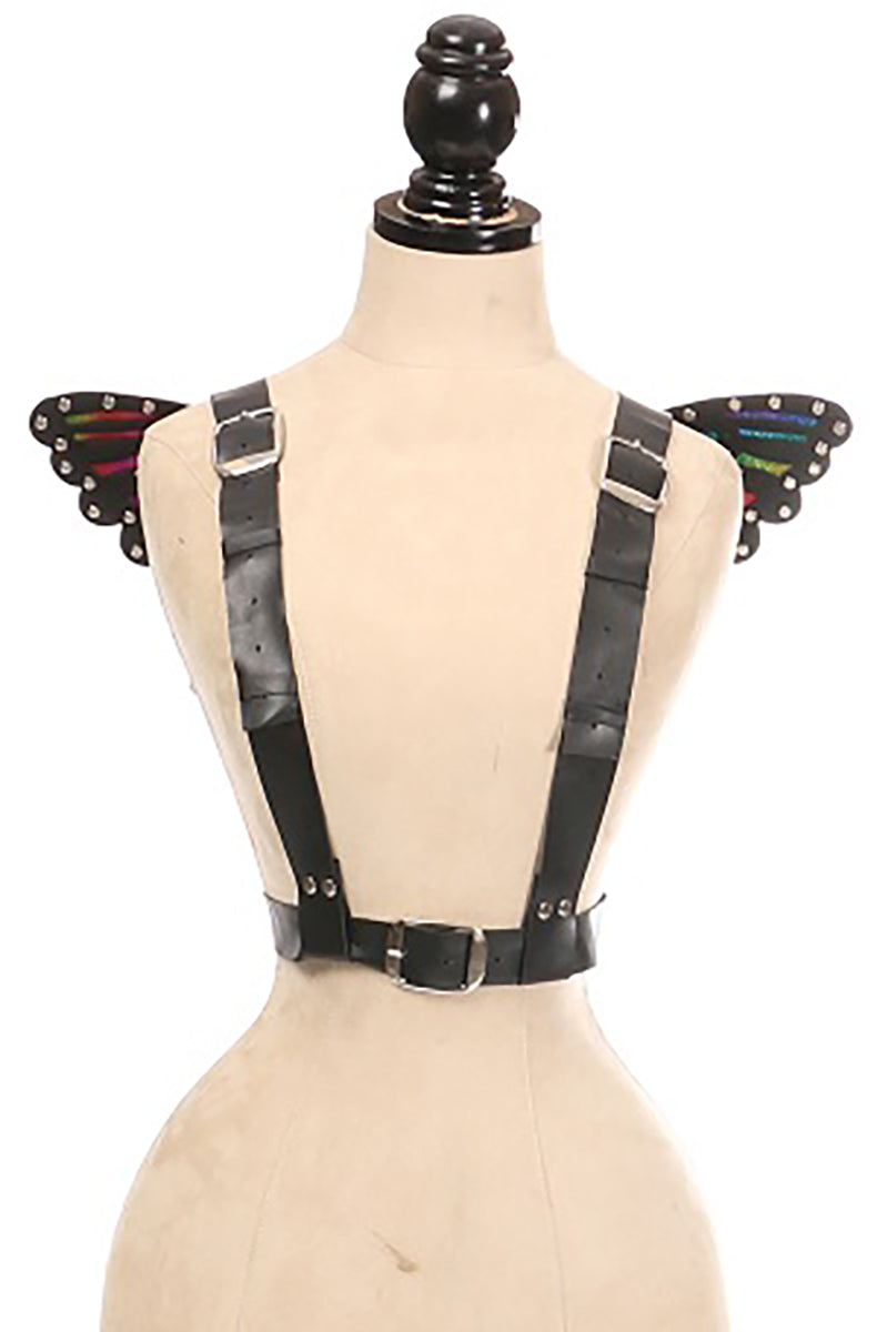 Black vegan leather butterfly wings with rainbow-iridescent holographic vinyl panels visible through wing cutouts, mounted on a black strap harness.