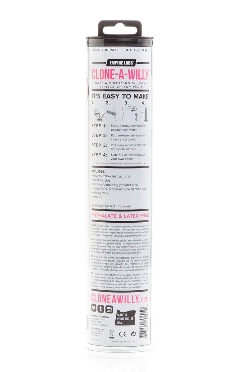 Clone A Willy in Neon Purple retail packaging, full body view of the kit tube on white.