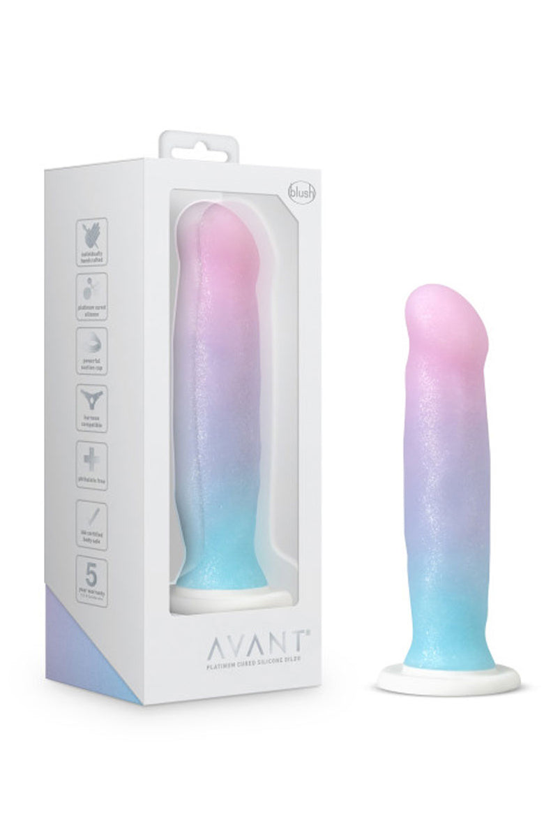Second view of the Avant Unicorn iridescent silicone dildo with suction cup base.
