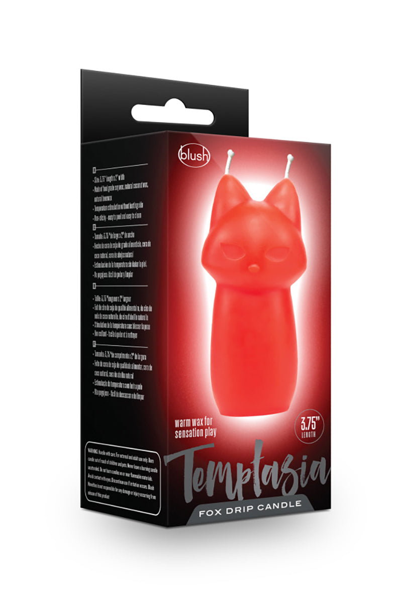 Red fox drip candle inside a black and red Temptasia Fox Drip Candle retail box marked 3.75 inch length.